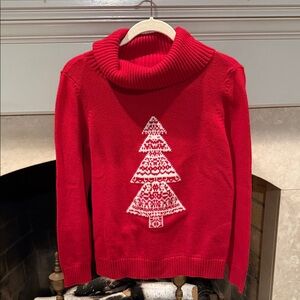 Talbots Festive Red Cowl Neck Sweater with Tree Motif with Lambswool Size M